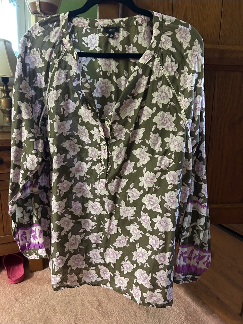 Talbots Olive Floral Long-Sleeve V-Neck Dress Shirt with Lilac Accents